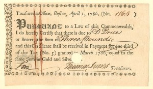 1786 Dated Treasurer's Office Note signed by Thomas Ivers, Treasurer of Massachusetts - Paper Money